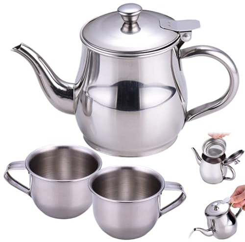 CAKEEYUM Service à thé pour Enfants Comprenant Une théière Portable à Long Bec en Acier Inoxydable de 330 ML avec Filtre et 2 Tasses de 70 ML pour Cadeaux pour Enfants Service thé pour, Petite théiè
