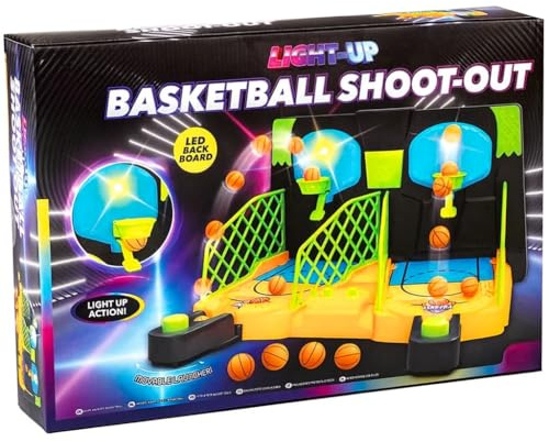 Tabletop Basketball Shoot-Out Game – 2 Player Arcade Challenge for Kids & Adults – Light-Up LED Backboard, Mini Hoops, Launchers – Family Party Game, Office Desk Toy, Gift for Ages 5+ HTUK