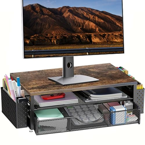 CAIEJSAEN Supporto per monitor, rialzo, organizer da scrivania con cassetto e 2 portapenne, supporto ergonomico per monitor/laptop con cassetto in metallo per computer portatile e PC