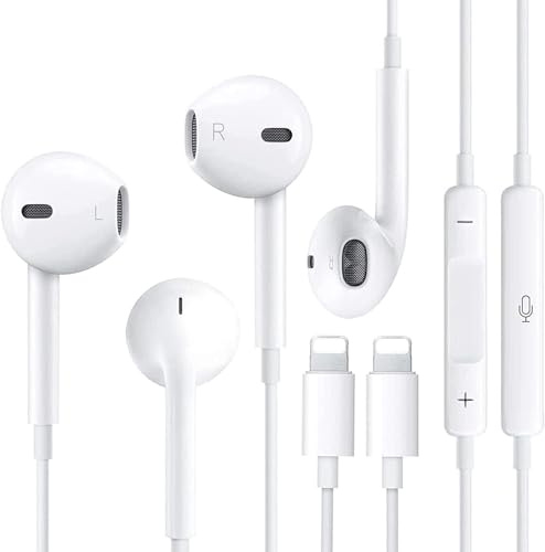 2 Auriculares in-ear para iPhone [certificado MFI] Auriculares con cable, auriculares con micrófono y control de volumen, conector de auriculares compatible con iPhone 14 Pro Max Plus/13/12/SE/11/XS