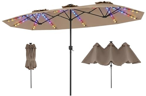GOPLUS 3,8M Parasol de Jardin Extérieur Double, Grand Parasol Rectangulaire avec LED Coloré, Manivelle, Panneau Solaire, 12 Baleines, pour Terrasses Balcon Cour Marché (Marron)
