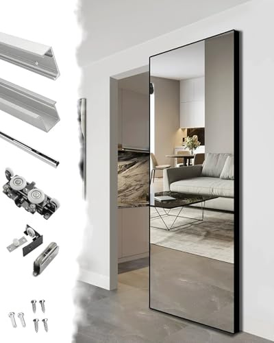 Schiebetür Komplettset Bodenführungslose Spiegelglas-Geistertür mit Soft-Close-Mechanismus, Unsichtbare Schiebe-Scheunentor-Beschläge, Passend für 40-50 mm Dicke Taschenlüren(8.4ft/256cm)