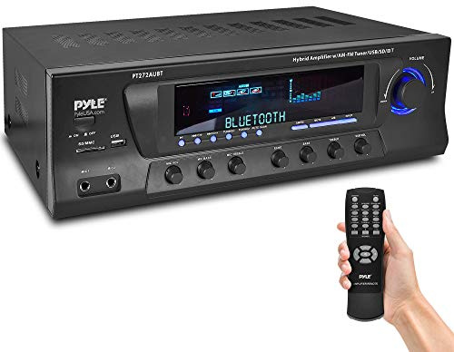 Pyle Home Stereo Amplifier with Bluetooth - 300 Watt Max 4 Channel Stereo Receiver with Easy Karaoke - Dual Mic In with EQ and Echo, USB-A and SD Card In, RCA In, RCA Out, LED Display - PT272AUBT