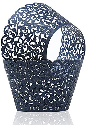 KPOSIYA Pack of 120 Cupcake Wrappers Artistic Bake Cake Paper Cups Vine Designed Laser Cut Cupcake Wraps Baking Cup Muffin Case Trays for Wedding Baby Shower Party Birthday Decoration (120, Navy blue)