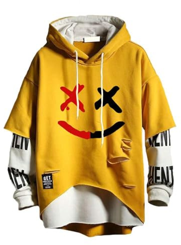 Hello MrLin Men's Techwear Hip Hop Hoodie Japanese Streetwear Patchwork Urban Jumper Yellow
