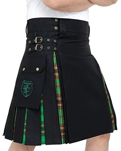 DSS KILTS- Modern Hybrid Cotton & Tartan Kilts for Men (38 at Belly Button, Black Cotton & Tara Murphy Tartan)