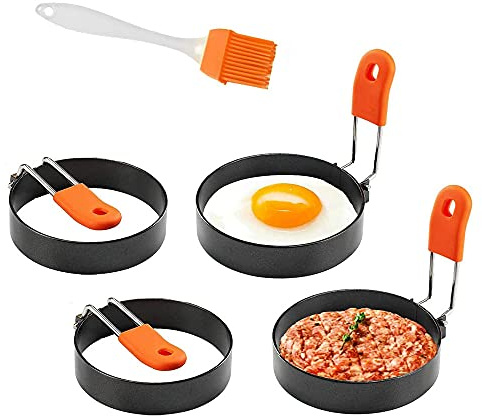 ANCLLO Egg Ring 4 Packs 2.95 Inch Egg Ring with Anti-scald Handle with an Oil Brush Non Stick Coating Breakfast Tool for Eggs Frying/Shaping