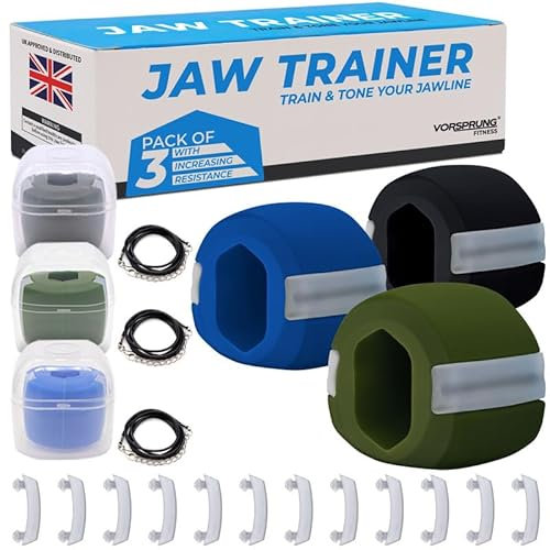 VORSPRUNG®Jaw Exerciser, Trainer to Achieve a Sharper Jawline with Three Levels of Resistance - Jaw Trainer for an Enhanced Facial Definition - Pack of 3 with FREE Biting Strips & 3 Necklaces