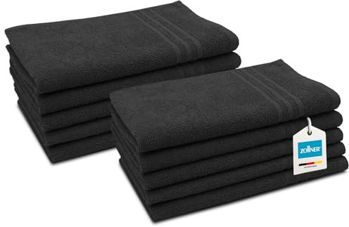 ZOLLNER 10er Set Gästetücher in 30x50 cm - saugstarke Handtücher in schwarz - mit praktischem Aufhänger - mit DREI modernen Tiefgangstreifen - waschbar bis 60°C - Baumwolle - Hotelqualität