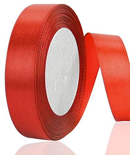 OWill Ruban Noel Rouge Satin Double Face en Polyester 20 mm x 22 m - Cadeau, Emballage, Sapin de Noel, Décoration de Gâteaux, Projets de Couture, Ballons de Fête et Nœuds
