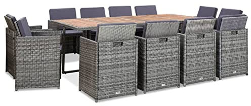 Tidyard 13-TLG. Garten Essgruppe für 12 Personen, Poly Rattan Sitzgruppe, Massivholz Esstisch & 12 Stühle mit Kissen, Terassenmöbel/Gartenmöbel Set Anthrazit