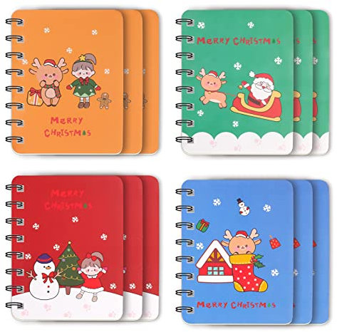 Mini Quaderni di Natale, 12 Pezzi Mini Blocco Note Diario, Piccolo Blocco Note a Spirale Portatile, Taccuino Tascabile, Mini Quaderno di Babbo Natale con Pupazzo di Neve per Bambini