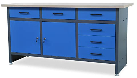 Jan Nowak Banco da lavoro con piano di lavoro con 6 cassetti 2 scomparti con chiave Piedi regolabili Piano di lavoro in MDF Caricabile fino a 500 kg In metallo 170 cm x 60 cm x 85 cm (Antracite-Blu)