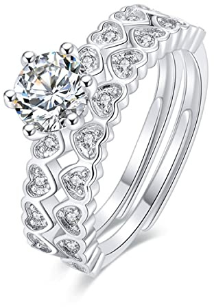 Bellitia Jewelry Platiniert 925 Sterling Silber Verstellbare Eheringe Verlobungsringe mit Herz Design für Frauen Damen, Vintage Zirkonia Infinity Stapelbare Ringe Solitär-Ring Set