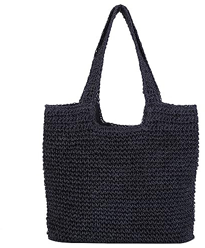 TIAASTAP Stroh Strandtasche für Damen, Summer Stroh Handtasche Schultertasche mit Reißverschluss, Strohtasche Geflochten Korbtasche Basttasche für Strand Reise Einkauf, Schwarz