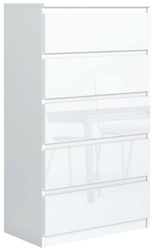 meble masztalerz Kommode 70, 6 Schublade, Weiß mit Hochglanz Fronten | Kommodenschrank 70x124, 5x39 cm, Moderne Schubladenschrank, Sideboard für Wohnzimmer, Flur & Schlafzimmer