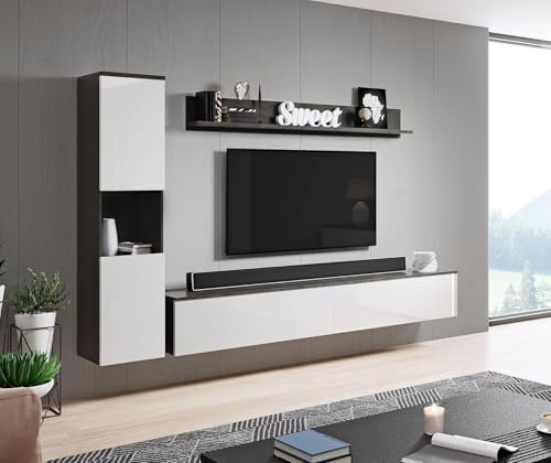MINIO go for it - Wohnwand Parma 3-Teilig Set Hängend oder Stehend | Highboard, Lowboard, Wandboard, Laminierte Spannplatte, Farbe: Graphit Matera / Weiß Hochglanz