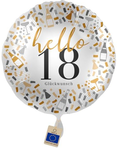 Folienballon 18. Geburtstag – Hello 18 Glückwunsch Ballon | Geburtstagsballon zur Volljährigkeit, Geschenk & Deko für Männer, Frauen, Jungen, Mädchen, Helium geeignet, Made in EU