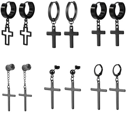 Hinvan 6 Paires Acier Inoxydable Boucles d'oreilles Croix pour Homme Femme, Boucles d oreilles Femme Creoles, Boucles d'oreilles Pendantes Anneaux, Boucles d'oreilles Créoles Homme Noir