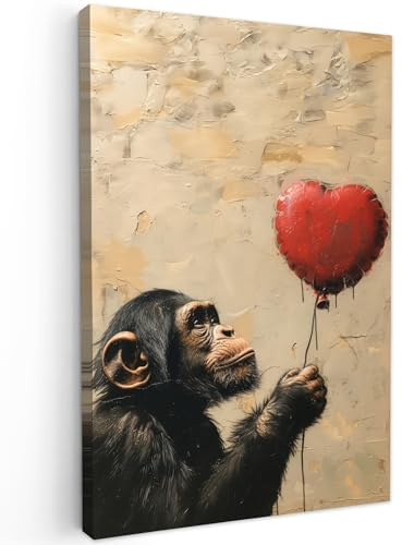 MuchoWow© Leinwand Deko Schlafzimmer Aesthetic Leinwandbilder Wohnzimmer | 40x60 cm - Gemälde Foto Geschenk Living Room Decoration Street art - Chimpanzee - Tiere - Ballon - Graffiti - Banksy