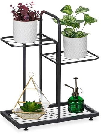 Relaxdays Pflanzenständer, 3 Ebenen, für Pflanzen, Kräuter, HBT: 50,5 x 44 x 22 cm, Stahl, Blumenregal innen, schwarz