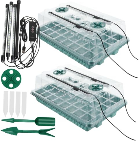 POPETPOP Full Spectrum Seed Starter Trays with Grow Light 2 Sets 40-cell Germination Kit Indoor Seedling Planting Garden Propagation Containers