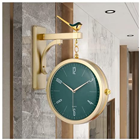 LUOYAOB Retro Bahnhofsuhr Retro doppelseitige Wanduhr, europäischer nordischer Vogel Licht Luxus Wanduhr, einfache Dekoration Wanduhr for Wohnzimmer Home zweiseitige Wandhängeuhr (Color : Grey)