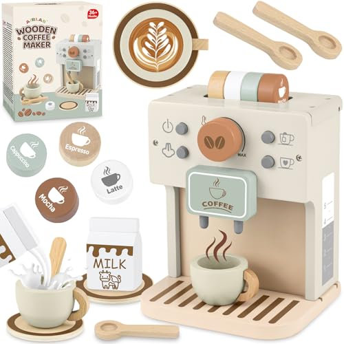 Airlab Kinderküche Kaffeemaschine Kinder Holz, Spielküche Zubehör Kaffeeservice Spielset, Küchengeräte Kaffeeset Kinder Spielzeug, Pädagogisches Holzspielzeug Rollenspiel Geschenk, Hellgrau