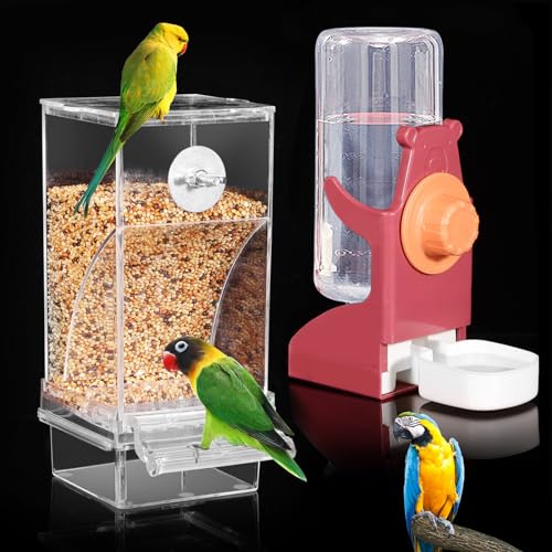 Kenond No Mess Bird Feeders Water Dispenser Set，Automatic Feeders for Cage | Automatic Parrot Feeder Cage Accessories, Clear Seed Container Food Drinker for Cage, for Cockatiel Lovebirds Budgies Canary