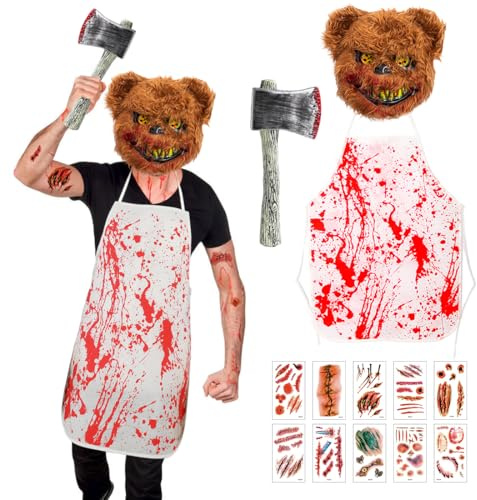Epokus Horror-Bär Kostüm, Gruselige Halloween Männer Kostüme, Braun Horror Bärenmaske Blutige Axt Aufkleber Schürzefür für Erwachsene Herren Halloween Karneval Motto Grusel Cosplay Fasching Party