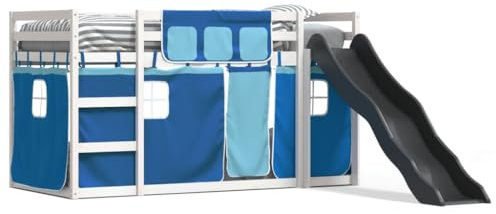 qohoio Lit superposé avec Toboggan et Rideaux Bleu 90x200 cm Sommier À Lattes, Protection Contre Les Chutes