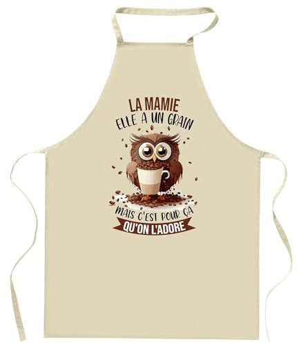 Planetee Tablier de cuisine La Mamie Chouette Café | Cadeau Fête des Grands-Mères Mamie Cuisinière Vêtement Blouse de protection Barbecue Jardinage Tablier de Travail Tâches ménagères