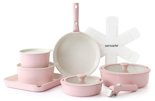 SENSARTE Juego de 17 ollas y sartenes de cerámica, antiadherentes, mango desmontable, utensilios de cocina de inducción con mango extraíble, apto para lavavajillas y horno (rosa)