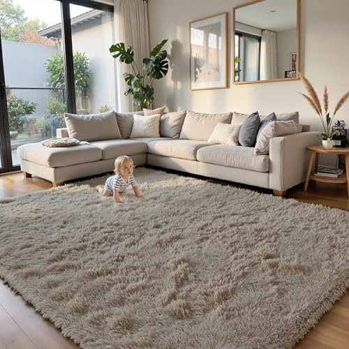 Beige 8x10 Area Rugs for Living Room, Fluffy Shag Rug Large Bedroom Carpet