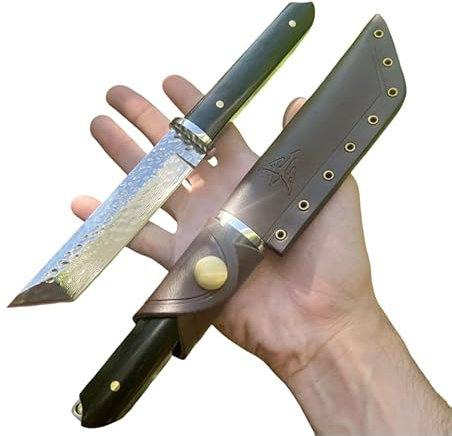 Obespina Couteau Artisanal Lame fixe Acier Martelé Damas Tanto Style Japonais Camping Edc Collection Cadeau Homme camping forge artisanat decoupe tranchant étui cuir bushcraft full tang