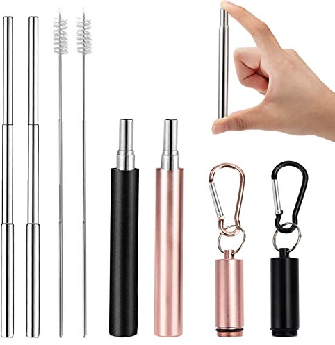 Cannuccia Telescopica in Acciaio Inossidabile Cannucce Pieghevoli in Metallo con Pennello Pulizia Custodia Moschettone per Viaggio Casa Oro Rosa Argento 2 Pezzi