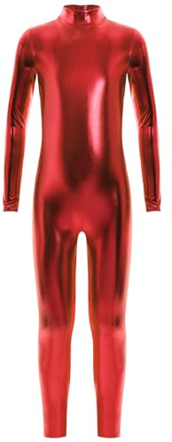 RUNQHUI Traje de gimnasia metálico para niña, traje de danza moderna, jazz, disco, brillante, conjunto de espectáculo y actuación, rojo, 10-12 años