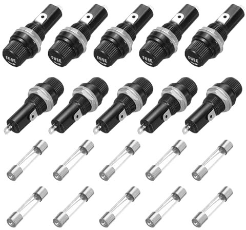 QUARKZMAN 10 Stück Panelmontierte Sicherungshalter 45 x 18,4 mm 250V 125V, 5A Sicherungshalter mit Schraubkappe und 10 Stück 6 x 30mm Schnellglasröhren Sicherungen