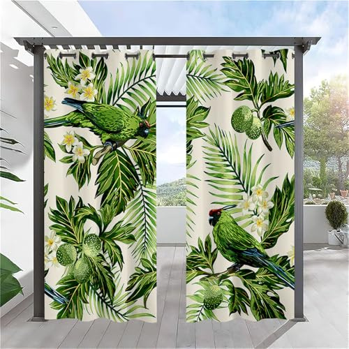 Lot de 2 rideaux d'extérieur imperméables à isolation thermique avec œillets - Motif feuille - Pour pergola et terrasse - 137 x 243 cm - Motif prunier