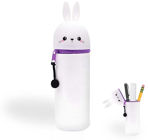 Hiqiku Kawaii Federmäppchen Hase - 2 in 1 Weiche Silikon Mäppchen, Federmäppchen Cartoon Bleistifthalter für Kinder, Studenten, Jungen und Mädchen (Kaninchen)