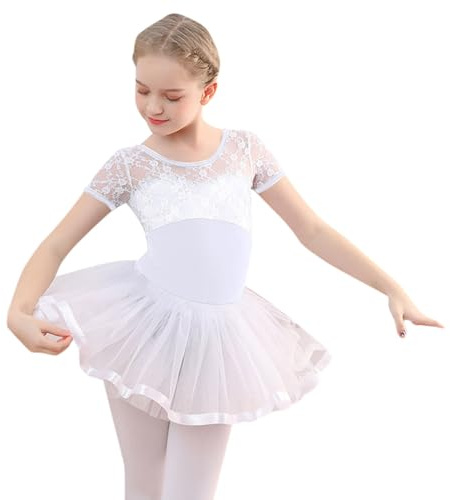 Mono para bebé niña de ballet de encaje de manga corta con tutú desmontable falda bailarina ropa de baile para niños, Blanco, 8-9 años