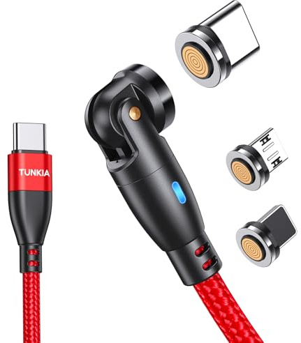 TUNKIA 60W Magnetic Charging Cable 9Pin, 3 in 1 USB C to USB C 2M | 60W Magnetic Phone Charger Cable 540° Charging & Data USB Cable for Type C, Micro USB, iProducts, Laptop, Smartphone (Red)2M