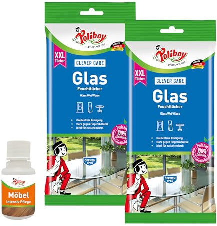 Paños húmedos de cristal de Polliboy XXL, sin rayas, para superficies de cristal, prácticos paños para ventanas, 2 x 24 toallitas, con muestra de producto, fabricado en Alemania