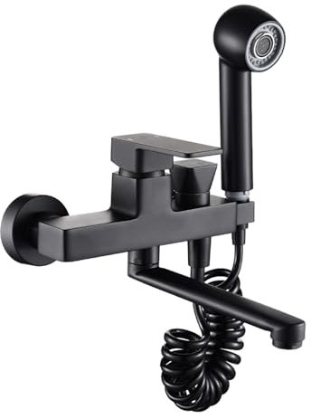Miscelatore Cucina da Muro Nero Rubinetto Cucina a Parete Con Pistola a Spruzzo Acqua Fredda e Calda Ottone-Nero
