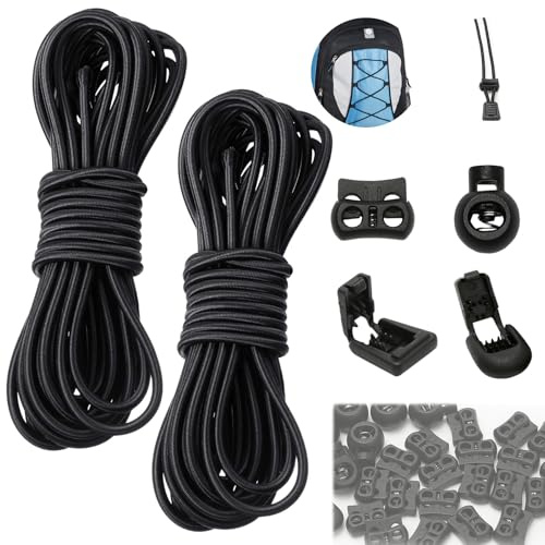 2 Stück 10m Gummiseil 3mm, Gummikordel Schwarz, Elastisches Seil mit 40 Reißverschluss Kordelklemme 40 Kordelstopper für Backpacking-Bekleidung