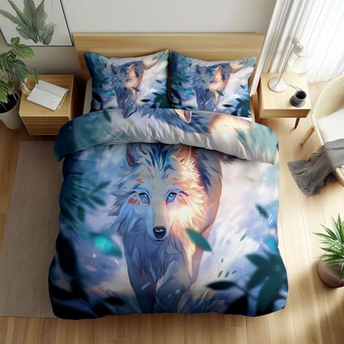 Srigzcaly Wendebettwäsche 155x220 cm Wolf im Anime Wald Fantasietiere, Mikrofaser Bettbezug-Set mit Reißverschluss & 2 x Kissenbezug 80x80 cm