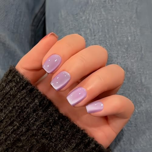 SXVME Lilac Cat Eye Press on Nails Short, 30 Pcs Summer False Nails Square, Sparkly Glass Fake Nails Press on Short, Reusable Chrome Light Purple Soft Gel Glue on Nails for Women Small Sizes