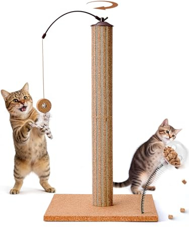 Odoland Cat Scratching Post, Claw Scratcher for Indoor Cats with Rotatable Hanging Toy & Spring Ball, Natural Cork & Cardboard Blend, Heavy Base 65cm Vertical Full Scratcher for Kitten Medium Cats