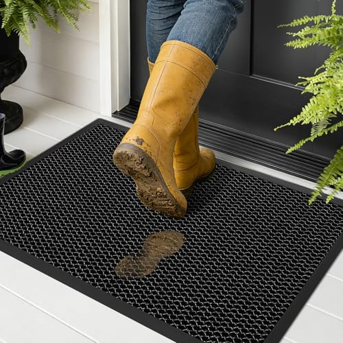 SEGNAYEN Outdoor Door Mats for Front Door,43 x 76 CM Heavy Duty Rubber Door Mats Outside Non Slip Dirt Trapper Doormats, Black