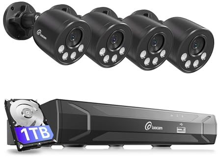 Loocam Kit Videovigilancia PoE, Grabador NVR 8 Canales con Disco Duro 1TB para Grabación 24/7,4 Cámaras IP Cableadas 4MP, Detección de Personas/Vehículos, Audio unidireccional, Visión Nocturna 30m